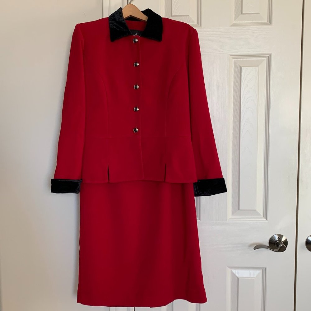 🎉HP🎉 VTG Positive Attitude Sz 12P Red with Black Velvet 2-Piece Skirt Suit EUC
